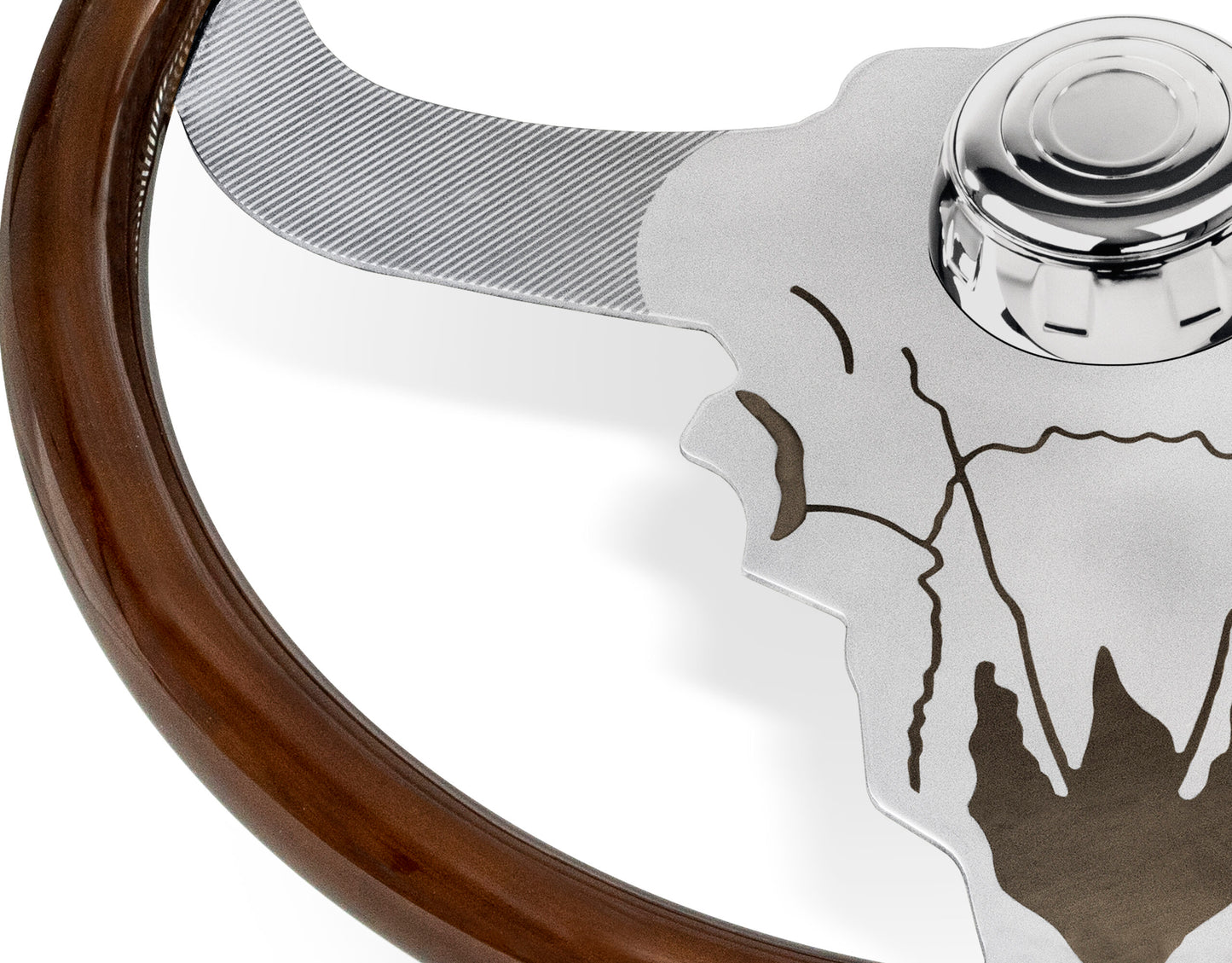 18” WOOD STEERING WHEEL WITH CHROME BUFFALO DESIGN