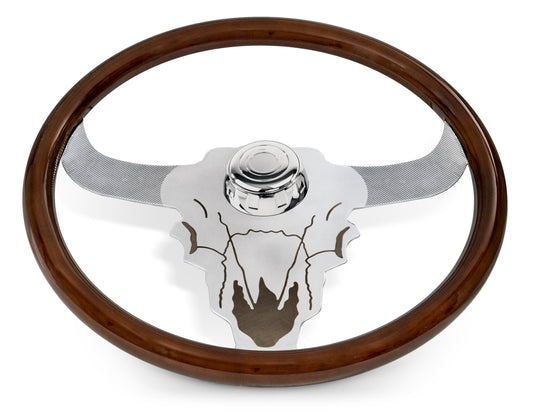 18” WOOD STEERING WHEEL WITH CHROME BUFFALO DESIGN