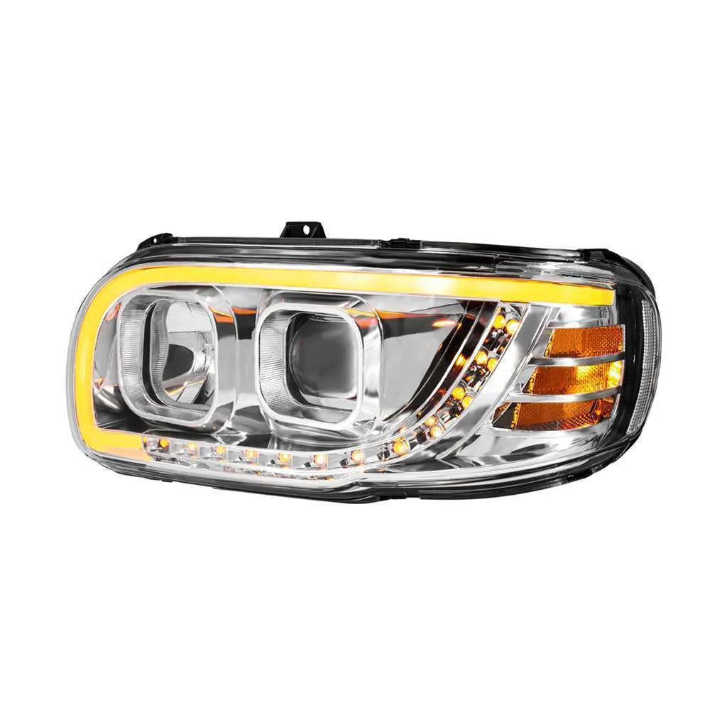 Chrome Projection Headlight With LED Turn Signal & Light Bar For 2008-2024 Peterbilt 389