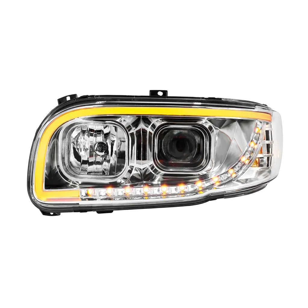 Chrome Projection Headlight With LED Turn Signal & Light Bar For 2008-2024 Peterbilt 389