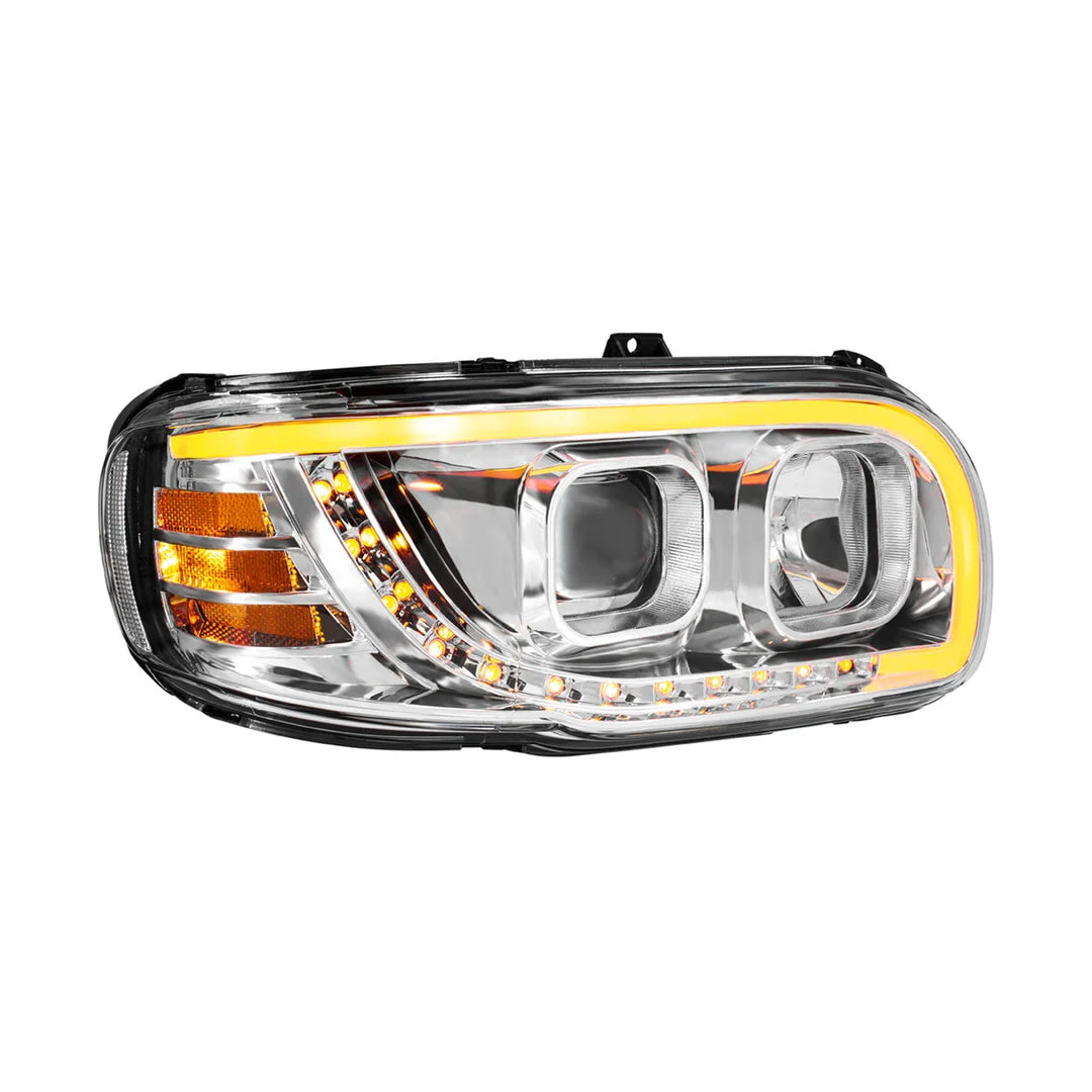 Chrome Projection Headlight With LED Turn Signal & Light Bar For 2008-2024 Peterbilt 389