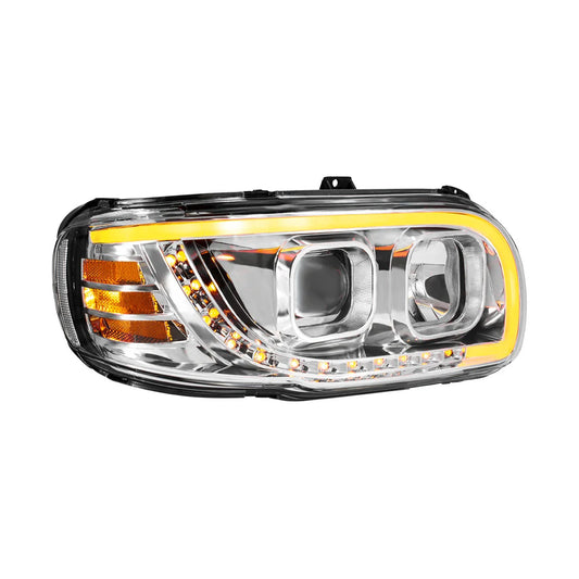 Chrome Projection Headlight With LED Turn Signal & Light Bar For 2008-2024 Peterbilt 389